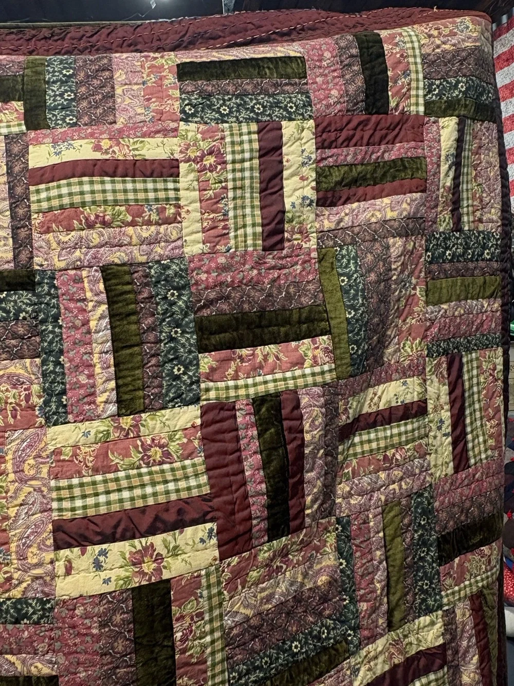 Vintage The Company Store Patchwork Cabin Quilt Velvet and Cotton